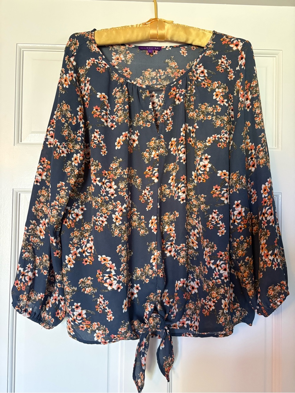 West Kei Steel Blue Floral Tie-Hem Blouse